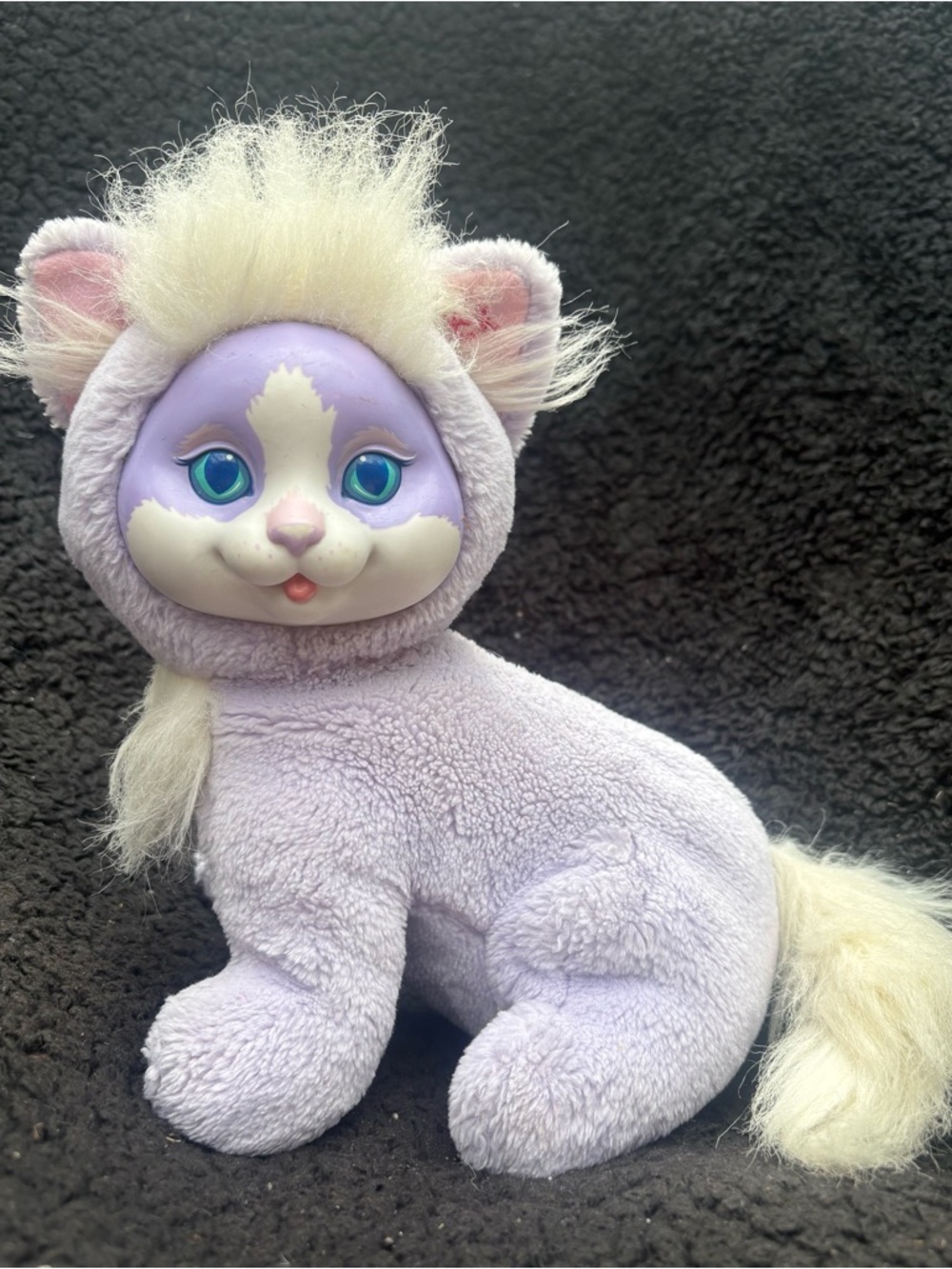 Vintage Purple Cat Plush Painted Face White Mane Blue Eyes Retro Kitten Toy